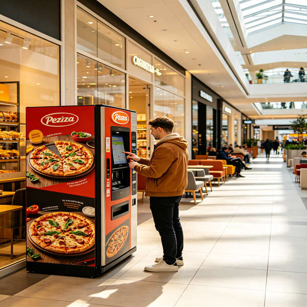 automatic pizza maker machine city street scene