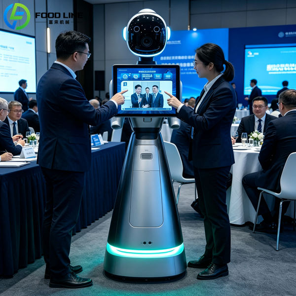 business visitors take photo with selfie robot