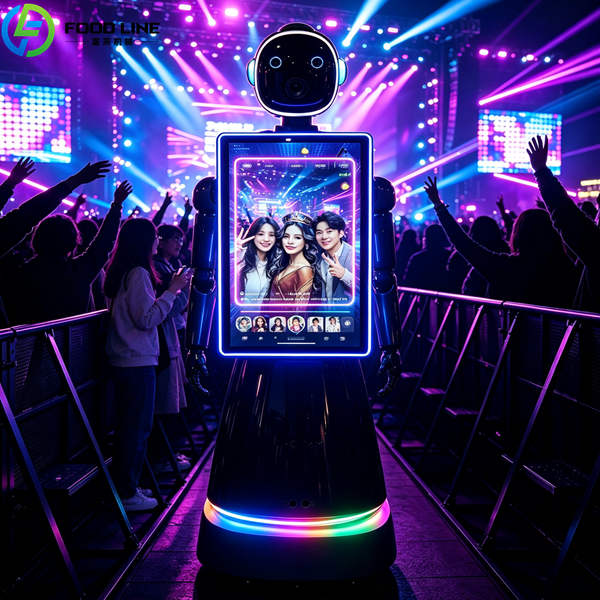 concert fans taking selfie with photo booth robot