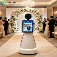 wedding guests taking photo with selfie robot booth