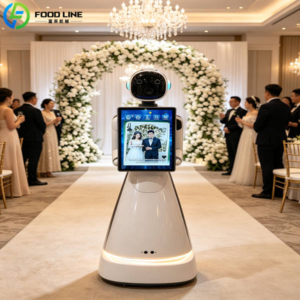 wedding guests taking photo with selfie robot booth
